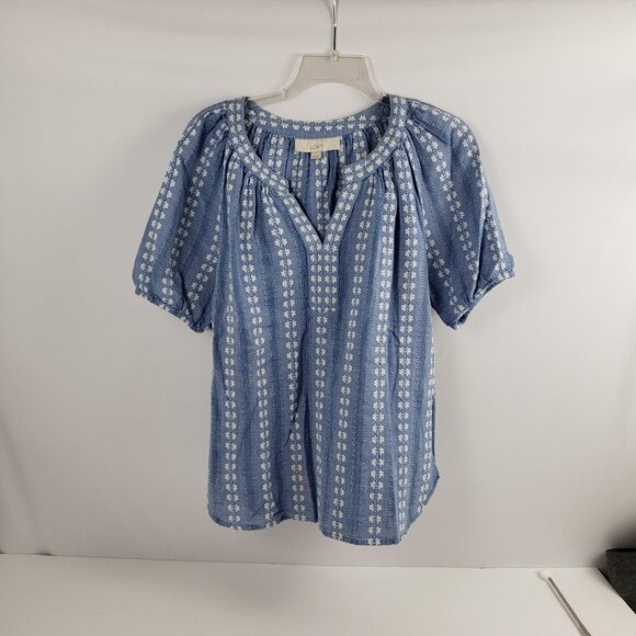 Loft XXS Blue White Embroidery Cotton Women Spring Blouse Top Short Sleeve - Picture 13 of 14